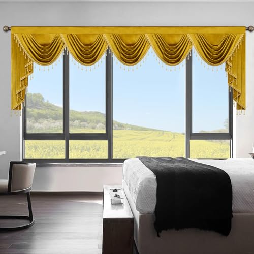 Stately Yellow Velvet Valance 138" Wide, Waterfall Swag with Intricate Beaded Trim, Luxurious Curtains for Wedding Venues, Events & Open Concept Spaces - color: Gold, size: 138"W x 43"L (Pack of 1)