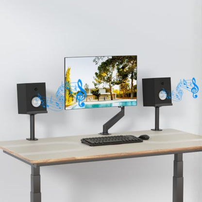 suptek Small Clamp-on Speaker Stand Desk Mount Set, Tilt, Swivel, 7.8 x 6.5 inch Trays, Universal Audio Holders for Computer and Bookshelf Speakers, Elevated Sound, 2 Pack, Black, SDM001SFX - color: Black, size: 7.8 x 6.5x 8.9"(h)