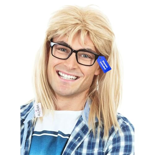 ALLAURA Compatible with Garth Wig – Blonde Mullet Wig + Black Glasses for Men – 80s 90s Rocker, Punk, Heavy Metal Costume – Funny Halloween Couples Outfit, Party Cosplay, Garth & Wayne Duo Look - color: 10-Blonde