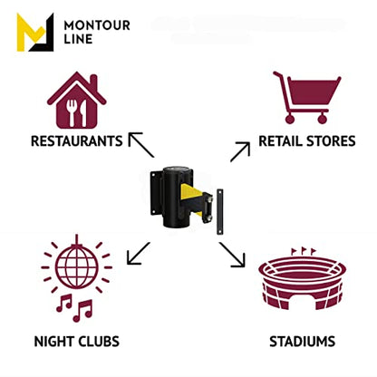 Montour Line WM115 Wall Mounted Retractable Belt Barrier with Magnetic Belt End, Magnetic Mount, Black Casing (8.5 ft Black and Yellow Diagonal Belt) - color: Black and Yellow Diagonal, size: 8.5 ft