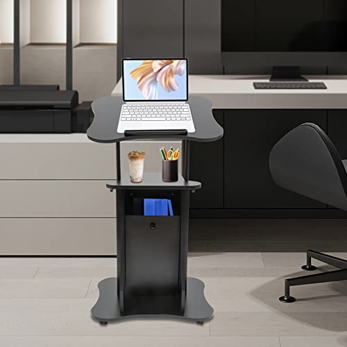 Mobile Laptop Podium, Height Adjustable Sit to Stand Desk with Tilting Desktop & Storage Cabinet, Ergonomic Rolling Lectern Cart Laptop Desk, Office Podium Stand on Wheels (1 Set: with Sliding Door)