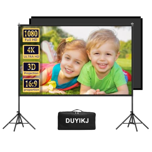 Projector Screen and Stand 120 inch,DUYIKJ Portable Black Backing Projector Screen Indoor Outdoor 16:9 4K HD Wrinkle-Free and Four-Legged Frame Movie Screen with Carry Bag for Backyard Movie Night