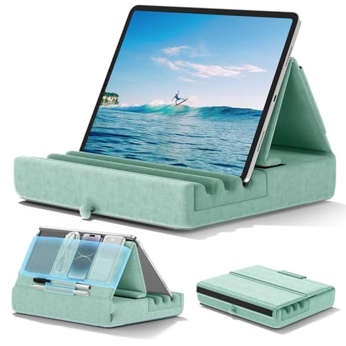 KDD Tablet Pillow Holder, Foldable iPad Stand for Lap, Bed and Desk -Tablet Soft Pad Dock with Pocket & Stylus Mount Compatible with iPad Pro 12.9, 10.5, 9.7 Air Mini 6 5 4 3, E-Reader - color: Green