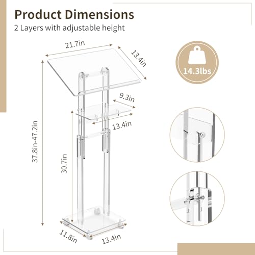 Acrylic Podium Stand Portable, Rolling Podium with Wheels, Clear Podium with Storage Shelf, Lockable Wheels for Churches, Classroom, Weddings, Speech (Adjustable Size, 37.8-47.2 inches Tall) | 37.8–47.2 in height range, tilting top, storage shelf and lock