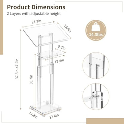 Acrylic Podium Stand Portable, Rolling Podium with Wheels, Clear Podium with Storage Shelf, Lockable Wheels for Churches, Classroom, Weddings, Speech (Adjustable Size, 37.8-47.2 inches Tall) | 37.8–47.2 in height range, tilting top, storage shelf and lock