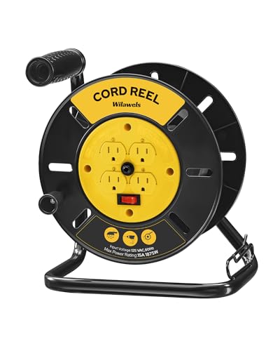 Extension Cord Storage Reel with 4-Grounded Outlets, 15A Circuit Breaker, Heavy Duty Open Cord Reel for 12/3,14/3,16/3 Gauge Power Cord, Hand Wind Retractable, ETL Listed, Yellow Y95CR06 - color: Yellow