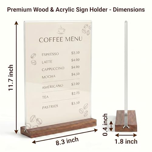 Acrylic Sign Holder 8.5 x 11 with Wooden Base, Double-Sided Horizontal Menu Display Stand, T-Shape Clear Paper Holder for Restaurant Cafe Office Wedding, 3 Pack