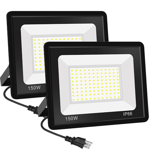 2 Pack 150W LED Flood Light, Outdoor Ultra Bright FloodLight with 6Ft Cable & Plug, 5000K Daylight White IP66 Exterior Commercial Lighting for Backyard, Garden, Stadium - size: 150w-2pack