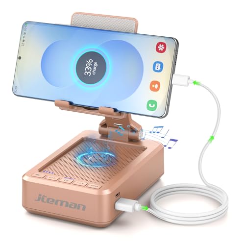 JTEMAN Cell Phone Stand with Bluetooth Speaker and Charging Function | HD Sound, Adjustable Phone Holder, Rechargeable Audio Speaker Stand for iPhone/Android, Cool Tech Gadgets Gifts for Men Women - color: Rose Gold