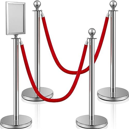 Velvet Ropes and Posts, 4 Stainless Steel Stanchions, Sign Holder, Silver | 2x5 ft Velvet Ropes, Fillable Bases, Sign Holder, Crowd Control Barriers for Red Carpet Events, Hotel, Theater, Weddings - color: Red