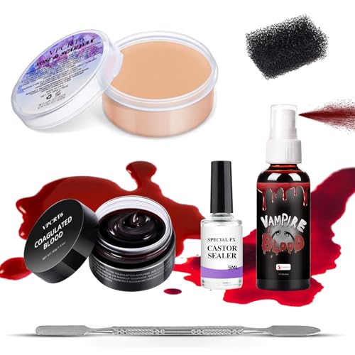 SFX Makeup Kit Scars Wax, Fake Blood Spray, Professional Scar Wax&Blood Effects Set with Coagulated Blood Gel&Spray, Metal Spatula, Sealer & Black Sponge for Realistic Halloween Zombie, Vampire Wound - color: SFX Makeup Kit 6PCS