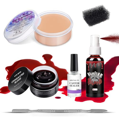 SFX Makeup Kit Scars Wax, Fake Blood Spray, Professional Scar Wax&Blood Effects Set with Coagulated Blood Gel&Spray, Metal Spatula, Sealer & Black Sponge for Realistic Halloween Zombie, Vampire Wound - color: SFX Makeup Kit 6PCS