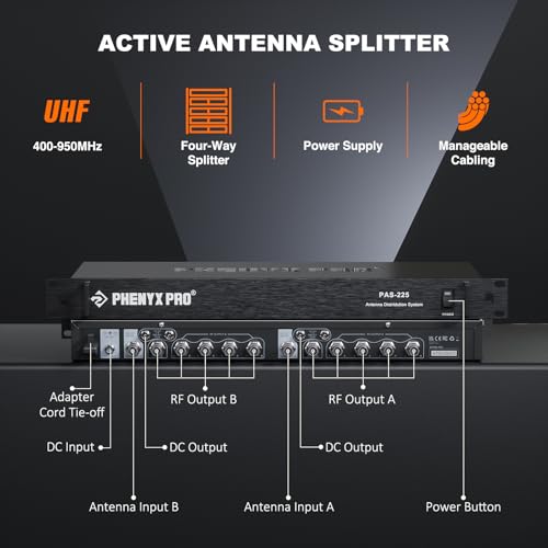 Phenyx Pro PAS-225X UHF Wireless Antenna Distribution System Bundle, Active Directional Receivers w/ 8 Outputs + 2 Cascade Ports, 160ft Long Coverage, Wireless Mic Antenna for Stages and Live Shows