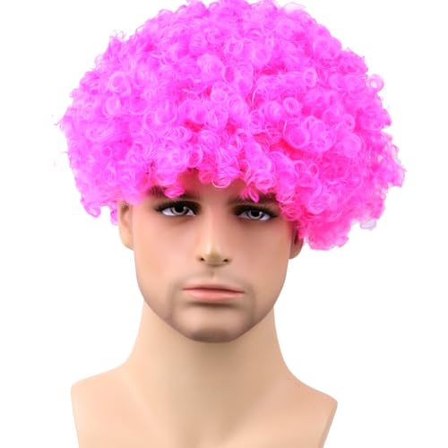 Funny Wigs Fuscia Pink Afro Curly Wig for Women Men Fans Wig Disco Hippie Party Clown Wigs for Halloween Christmas Costume Cosplay Music Festiva(Common Size,Fuscia Pink) - color: Fuscia Pink, size: Common Size