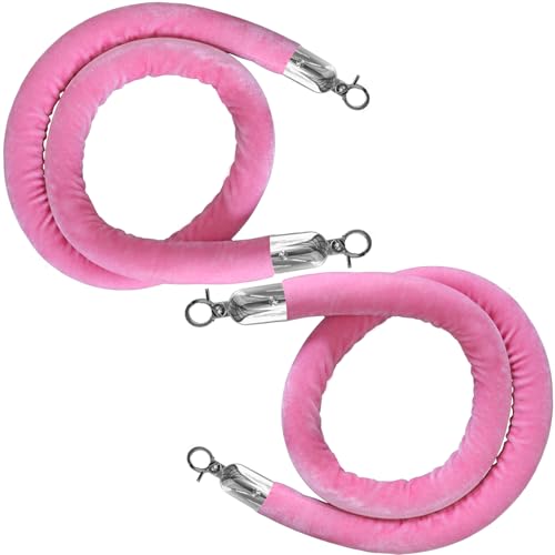 2PCS Pink Velvet Stanchion Rope 5 Ft Crowd Control Ropes Barrier with Silver Hooks for Party - color: Pink&Silver, size: 2PCS