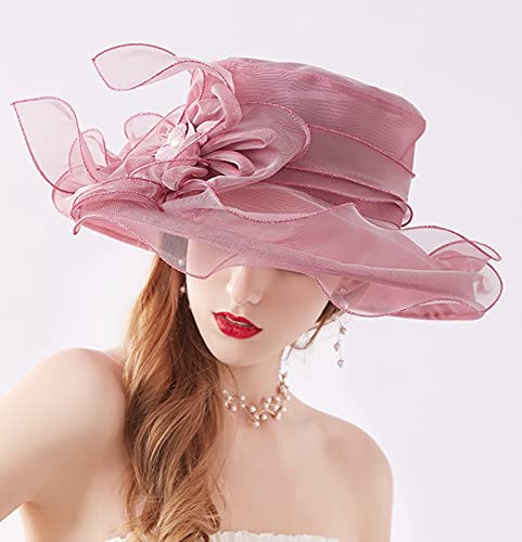 Women Derby Fascinator Hat Organza Church Wedding Hats Wide Brim Cocktail Tea Party Hat - color: 07 Pink