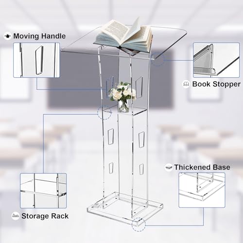 Acrylic Podium Stand, Ultra Clear 43'' Pulpits for Churches with 15 Color Adjustable, Modern Lectern with Storage Sheld for Church,Conference,Speech,Classroom, 23.62”x 15.75”X 43.3”