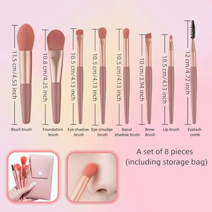 8-Piece Makeup Brush Set - Vegan Travel Brushes with Portable Case for Foundation, Blush, Eyeshadow - Soft Synthetic Kabuki Brushes Perfect for Beginners & Sensitive Skin (Pink) - color: Pink