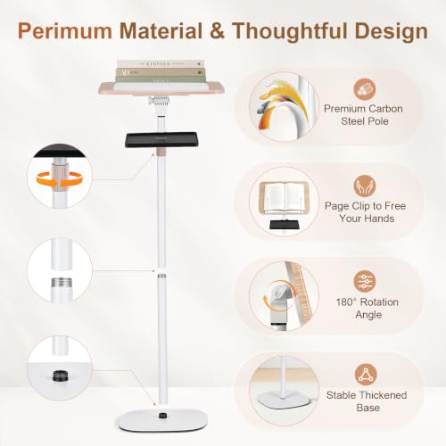 2-in-1 Floor & Desktop Music Book Stand, Adjustable Height 19.7-51.2 in | Dual-use Detachable Reading Stand, Features Storage Tray and Page Clips for Sheet Music, Laptops & Cookbooks - color: White