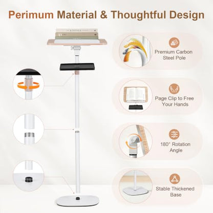 2-in-1 Floor & Desktop Music Book Stand, Adjustable Height 19.7-51.2 in | Dual-use Detachable Reading Stand, Features Storage Tray and Page Clips for Sheet Music, Laptops & Cookbooks - color: White