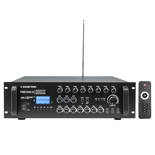 Sound Town 1000W 8-Zone 70V/100V Commercial Power Amplifier with Bluetooth, USB, LCD Display for Restaurants, Bars, Multi-Zoom Installation (PAC1000-8) - size: 1000
