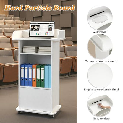 Podium Stand with Metal Wheels Wooden Lectern Podium Stand Portable Pulpit Standing with Storage Mobile Reception Podiums Desk for Church Office School Conference Restaurant Meeting, White - color: White