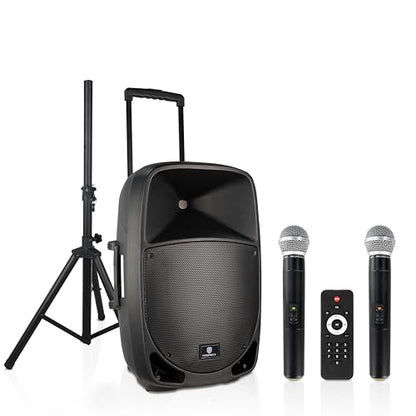 Portable 15" 1600W 2-Way Rechargeable Powered Dj PA Speaker System with Bluetooth, Rechargeable Battery, 2 Wireless Mics, USB, SD, FM Radio, Remote & Speaker Stand for Parties, Events, gigs, Outdoor - size: 15 inch