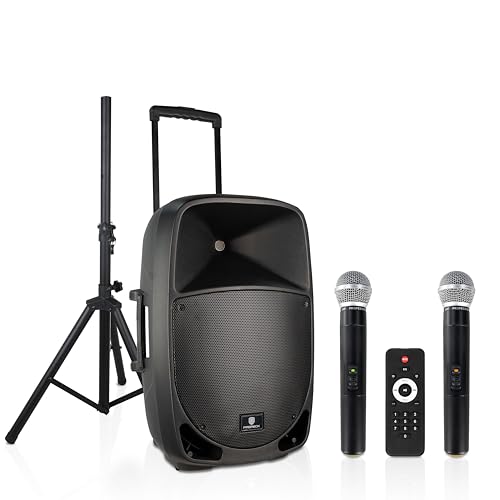 Portable 15" 1600W 2-Way Rechargeable Powered Dj PA Speaker System with Bluetooth, Rechargeable Battery, 2 Wireless Mics, USB, SD, FM Radio, Remote & Speaker Stand for Parties, Events, gigs, Outdoor - size: 15 inch