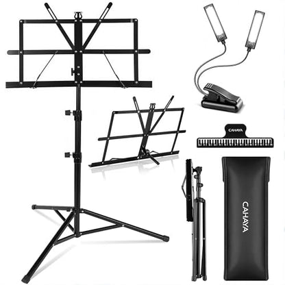 CAHAYA Sheet Music Stand Portable Folding Dual Use Holder with Stand Light | Reinforced Desktop Book Stand Lightweight Adjustable with Carrying Bag Including Music Sheet Clip Holder for Travel Practice - color: Black, style: With Light Version