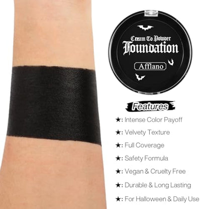Black Face Body Paint Cream to Powder Foundation Makeup, Gothic Black Facepaint Halloween Makeup for Kids & Adults, Pro Body Paint for Cosplay, SFX, Emo, Clown, Zombie, Vampire, Theater, Film,Skeleton - color: Black