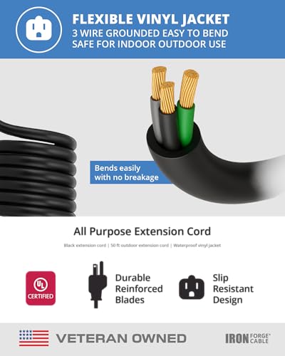 Iron Forge Cable 16 Gauge Heavy Duty Black Extension Cord, 50 Ft - SJTW | 16/3 SJTW Cable, 3 Prong Grounded Plug, 13 Amp - For Landscaping, Leaf Blowers, Lights, Appliances - size: 50FT