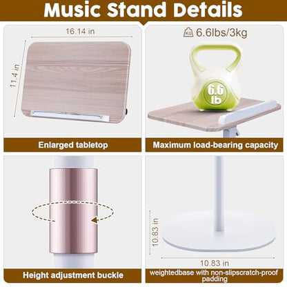 2 in 1 Dual-use Music Stand & Desktop Book Stand, Adjustable Height 16.5"-51", 100% Solid Wood Laptop Floor Stand Book Holder with Elastic Page Clips for Cookbooks (White) - color: White