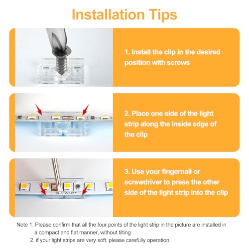 VIPMOON 100pcs Clear 8mm LED Strip Light Mounting Clips 8mm Width Holders and 100pcs Compatible Stainless Steel Phillips Screws Mounting Brackets for Waterproof or Non-Waterproof 3528 5050 5630 - size: 8mm