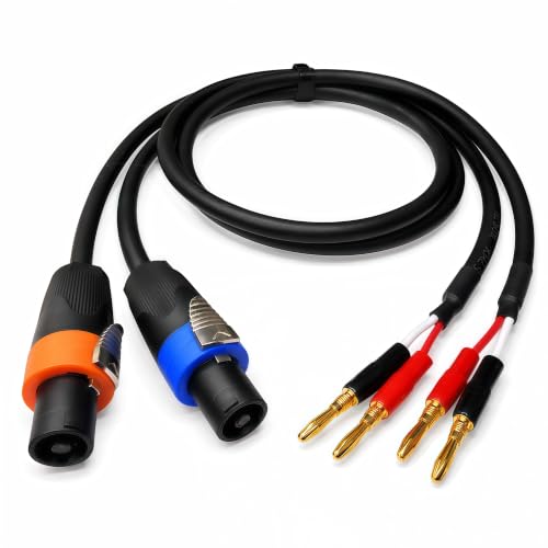 Speakon NL4FX to Banana Plug Speaker Cable 2-Pack, 12AWG 40A Heavy-Duty OFC, Twist-Lock for PA System, Live Sound, Stage, DJ, for QSC, Crown, Yamaha, JBL Amplifier