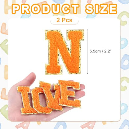 MECCANIXITY Chenille Letter Patches 2.2" Self Adhesive Alphabet N Stick on Embroidered Patch Sew on Letter Stickers Applique for Repairing Clothing Jeans Shoes Hats DIY(Orange, Pack of 2) - style: Letter-N