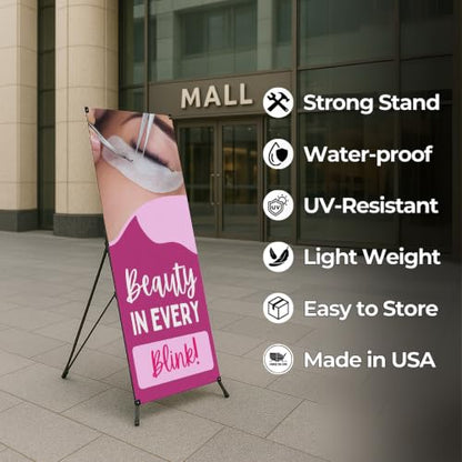 DreamController Lashes & Brows X-Stand Banner by DC | 30"x65" Tripod Display | Beauty in Every Blink Vertical Banner for Trade Shows & Events | Made in USA | (Stand Not Included) - color: Beauty in Every Blink, size: X Banner - 30x65"