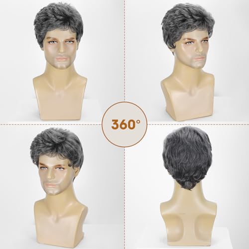 Mens Dark Grey Short Wig - Natural Looking Synthetic Hair Wig for Men Male,Heat Resistant,Layered Cut,Cosplay or Daily Wear Lightweight Male Wig - color: Dark Grey