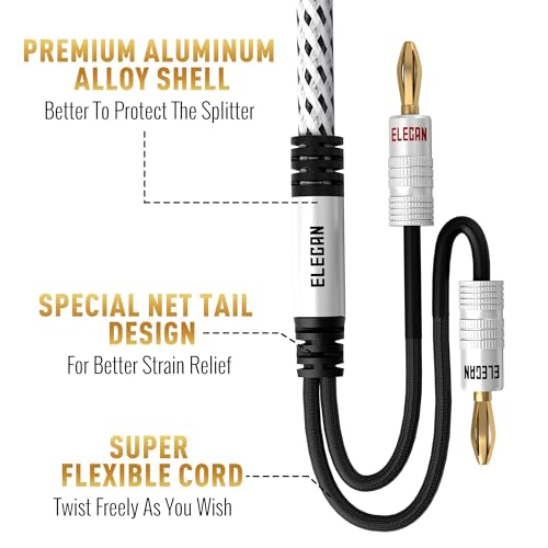 Elecan 14 AWG Speaker Cable Wire 12 Feet with Gold-Plated Banana Tip Plugs-CL2 Rated-in Wall-Heavy Duty Nylon Braided, Oxygen-Free Copper (OFC)-White-with 5 Cable Ties - size: 12FT