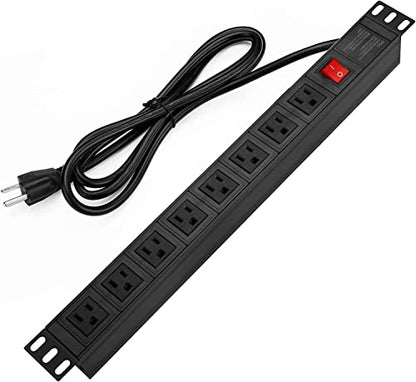 BTU Power Strip Surge Protector Rack-Mount PDU, 8 Right Angle Outlets Wide-Spaced, Mountable Power Strip Heavy Duty for Server Racks, Commercial, 300J (Black 10FT) - color: Black 10FT