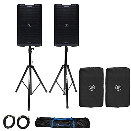 Mackie SRM212 V-Class 12 2000W Active PA DJ Speaker w/Bluetooth Bundle with Pair of Rockville Speaker/Light Stands and Mackie SRM212 Cover Speaker Cover for SRM212 V-Class