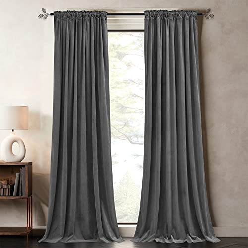 Pony Dance Dim Gray Blackout Velvet Curtains 96 inches Long - Block Light Thermal Insulated Velour Rod Pocket Drapes for Bedroom and Living Room, Dim Gray, W52 x L96, 2 Panels - color: Dim Gray, size: 52"W x 96"L (Pack of 2)