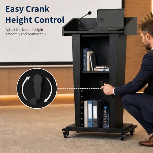 MOOFI Height Adjustable Wooden Podium Lectern with Wheels, Mobile Rolling Presentation Stand with Storage Shelves, Teacher Podium for Classroom, Church, Office and Conference Room (Black) - color: Black
