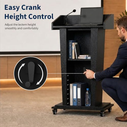 MOOFI Height Adjustable Wooden Podium Lectern with Wheels, Mobile Rolling Presentation Stand with Storage Shelves, Teacher Podium for Classroom, Church, Office and Conference Room (Black) - color: Black