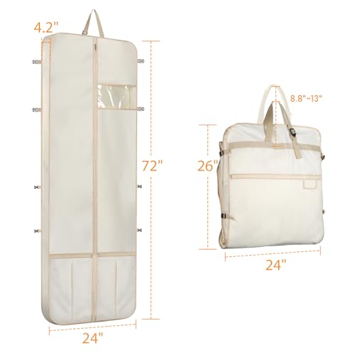 Wedding Dress Garment Bag 72" Dress Bags for Gowns Long with Accessories Pockets Bridal Garment Cover with Adjustable Handles for Wedding Dress, Prom Evening Gown - color: White