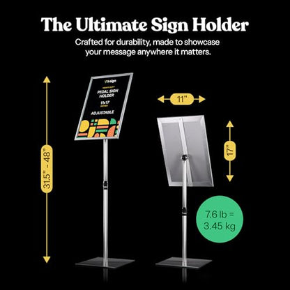 T-SIGN 31.5 to 48 Inch Pedestal Sign Holder - Adjustable Floor Sign Stand for 11x17 Displays, Heavy Duty Outdoor Sign Holder with Square Base for Restaurants, Retail, Trade Shows, and Events (Silver) - size: 11 X 17 Inches, Silver
