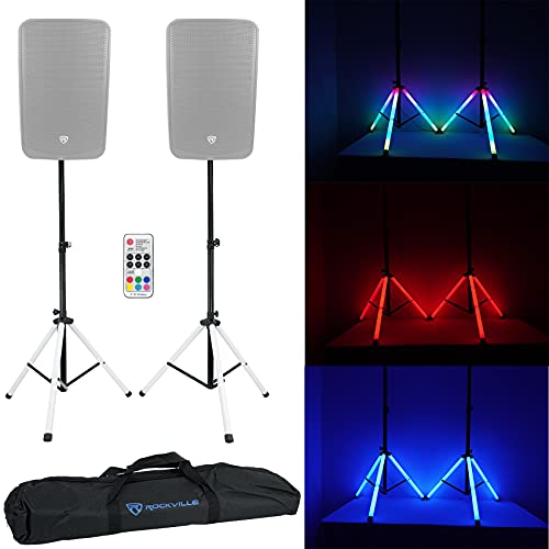 Rockville SPGN108 10" Passive DJ PA Speaker Pair Bundle with LED Stands | 800W Peak / 200W RMS Each, 8 Ohm, Sound Activated RGB, 2 RCTS1425 Speakon Cables, RFAAW Facade with Travel Bag, 7-Items