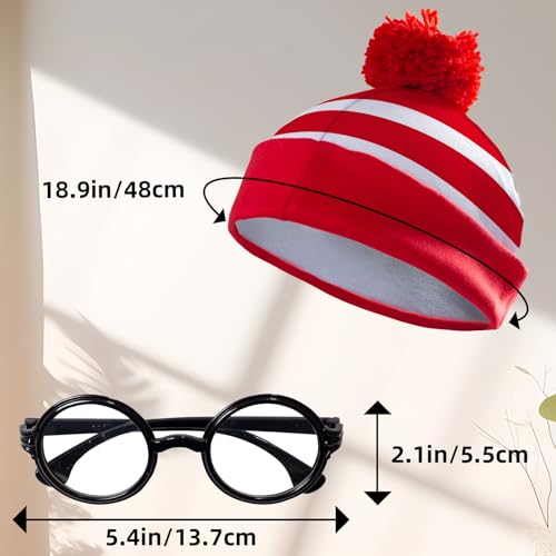 Red White Striped Shirt Costume for Men Halloween Hat Glasses Adult | Halloween Knit Beanie Hat Black Glasses Accessories Adult Carnival Anime Outfit Men - size: 3X-Large