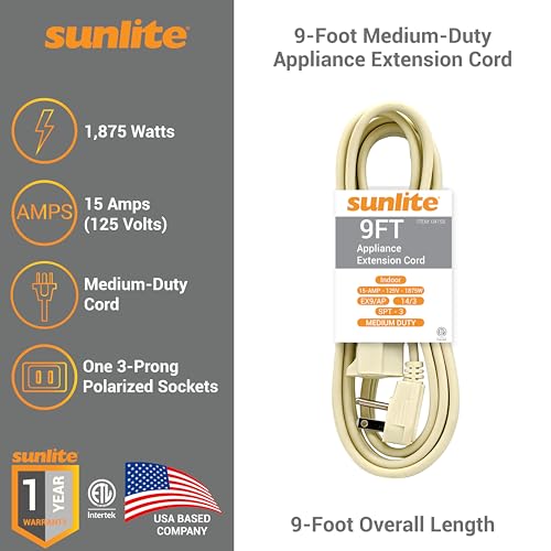 Sunlite 04155-SU EX9/AP Medium Duty 9-Foot Appliance Extension Cord, Three Prong, 14/3 Gauge, 15 Amp, Beige - size: 9'