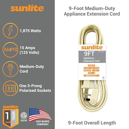 Sunlite 04155-SU EX9/AP Medium Duty 9-Foot Appliance Extension Cord, Three Prong, 14/3 Gauge, 15 Amp, Beige - size: 9'