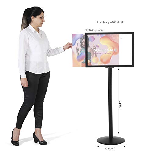 M&T Displays Sign Holder Stand, Black 18x24 Inch Poster Frame Double Sided Slide-In Aluminum Easy Loading Floor Standing Pedestal Advertisement Post Commercial Menu Holder Round Heavyweight Base - color: Black